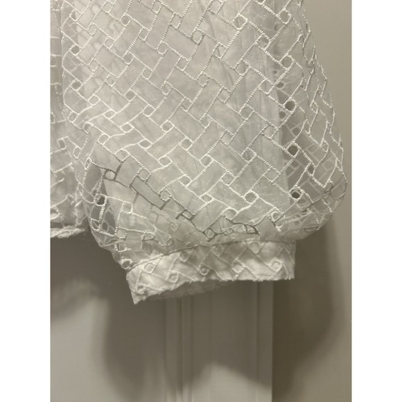 Zara White High Neck Blouse with Layer Embroidered Puff 3/4 Sleeves Size Medium - Picture 5 of 6